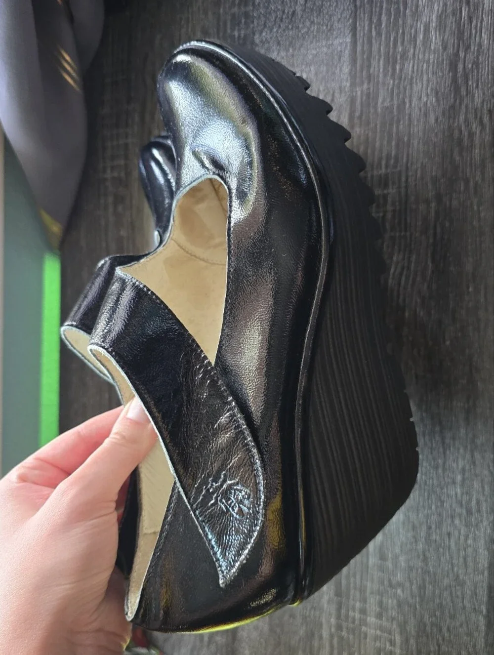 Fly London Yasi Black Patent Leather Wedge Mary Jane Shoe